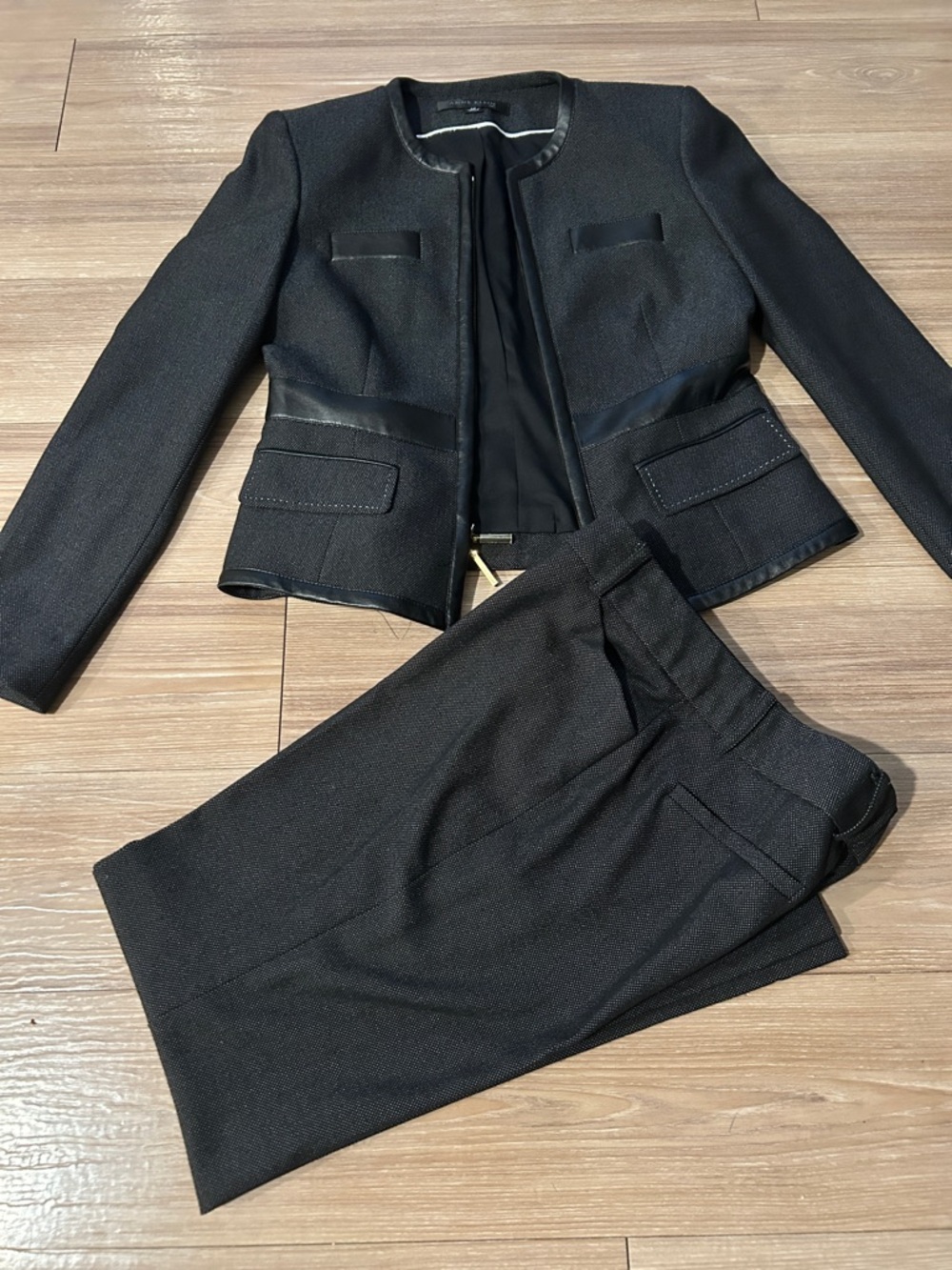 Anne Klein Black Textured Jacket with Faux-Leather Trim